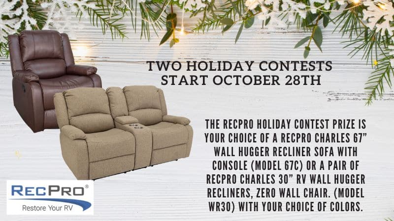 Holiday Contest! Win a RecPro Charles 67” wall Hugger Recliner Sofa with Console or a pair of RecPro Charles 30” RV Wall Hugger Recliners
