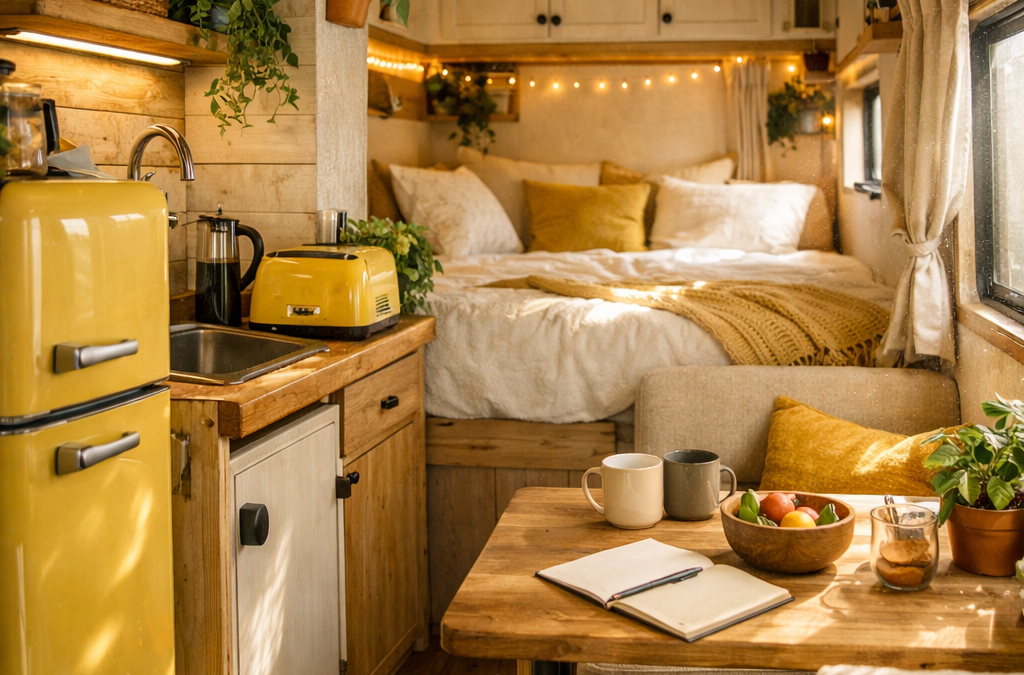 Save this cozy camper interior for your vanlife vision board.